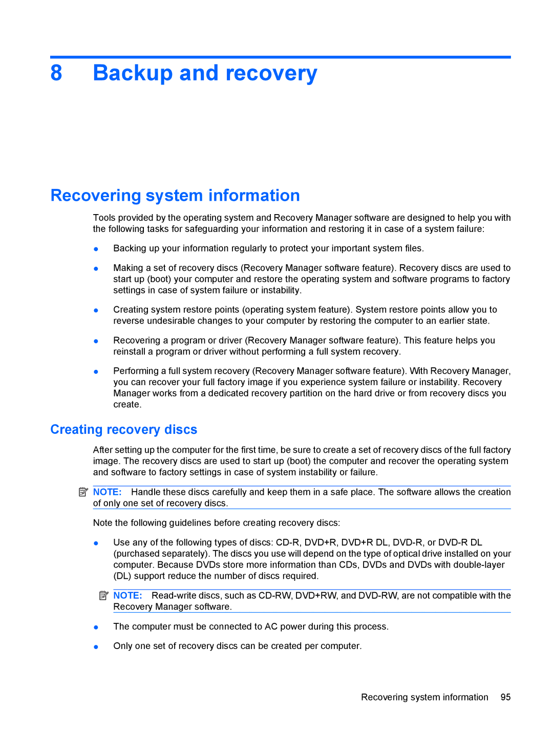 HP TX2500 manual Backup and recovery, Recovering system information, Creating recovery discs 