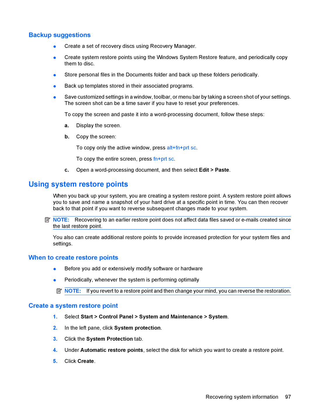 HP TX2500 manual Using system restore points, Backup suggestions 