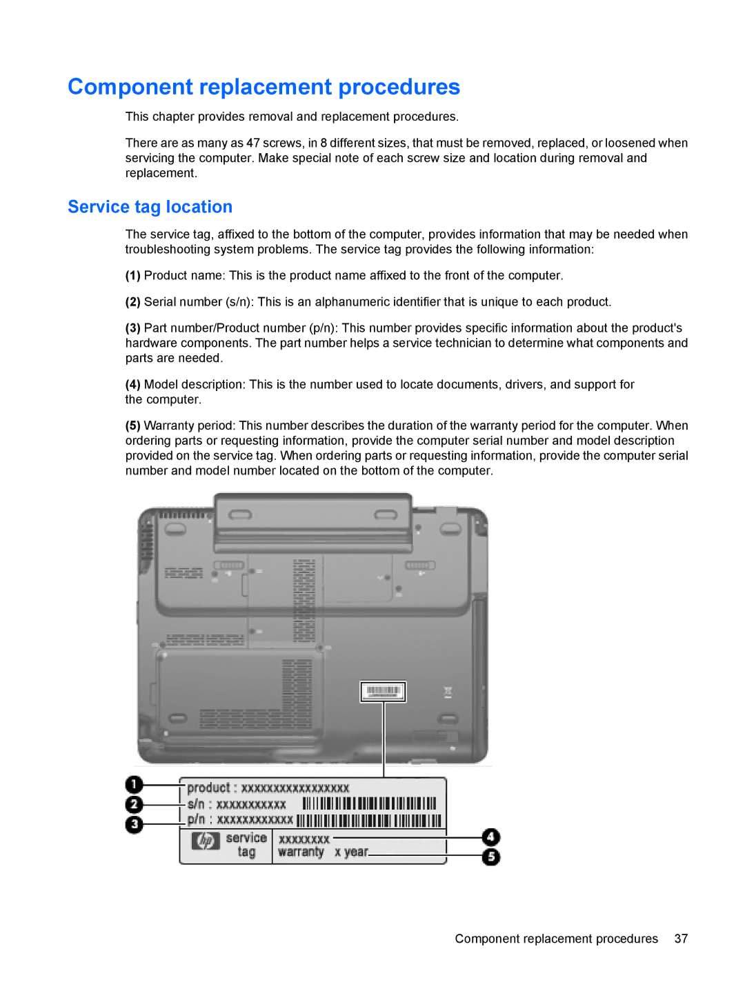 HP TX2500 manual Component replacement procedures, Service tag location 