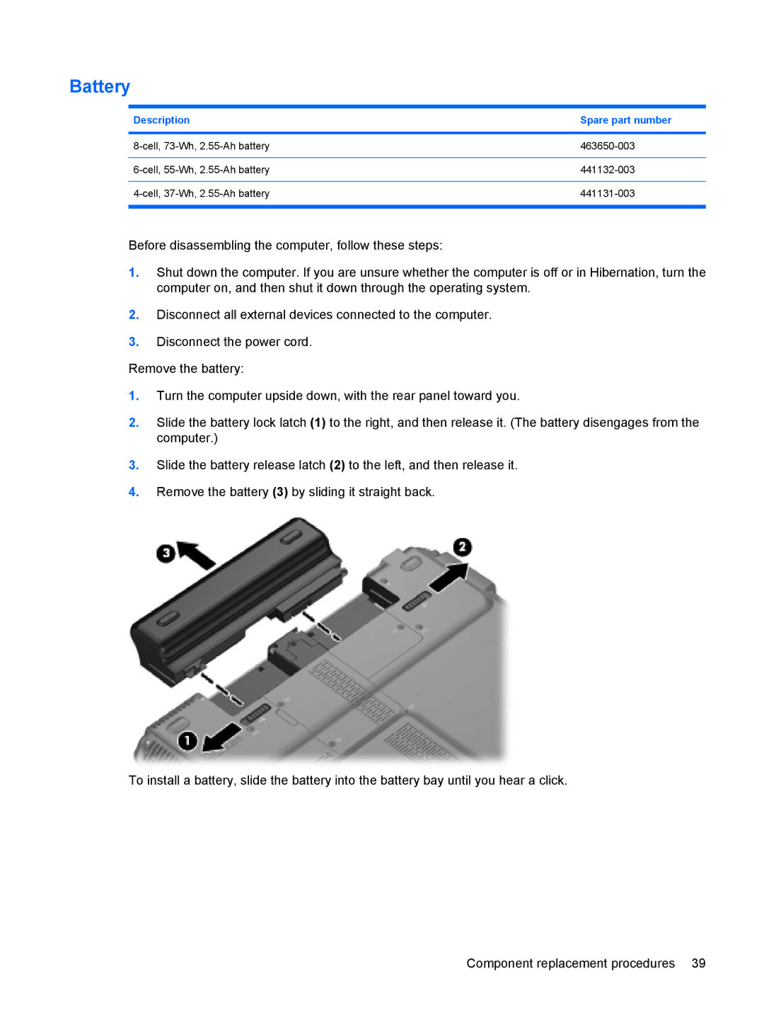 HP TX2500 manual Battery, Description Spare part number 