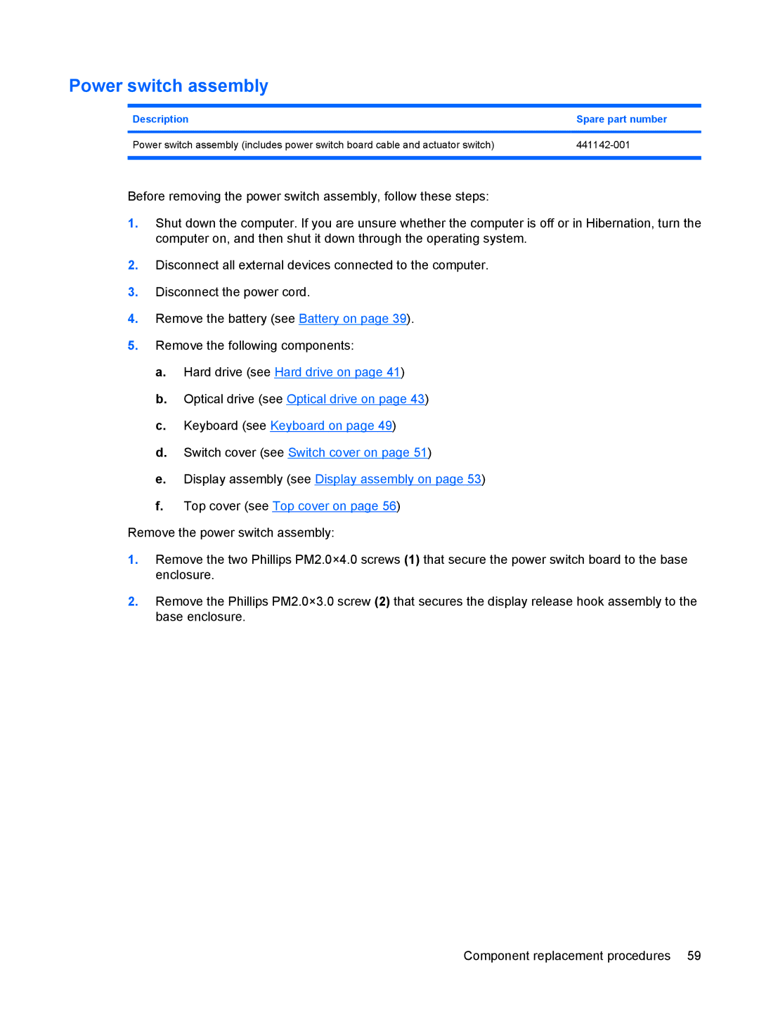 HP TX2500 manual Power switch assembly 