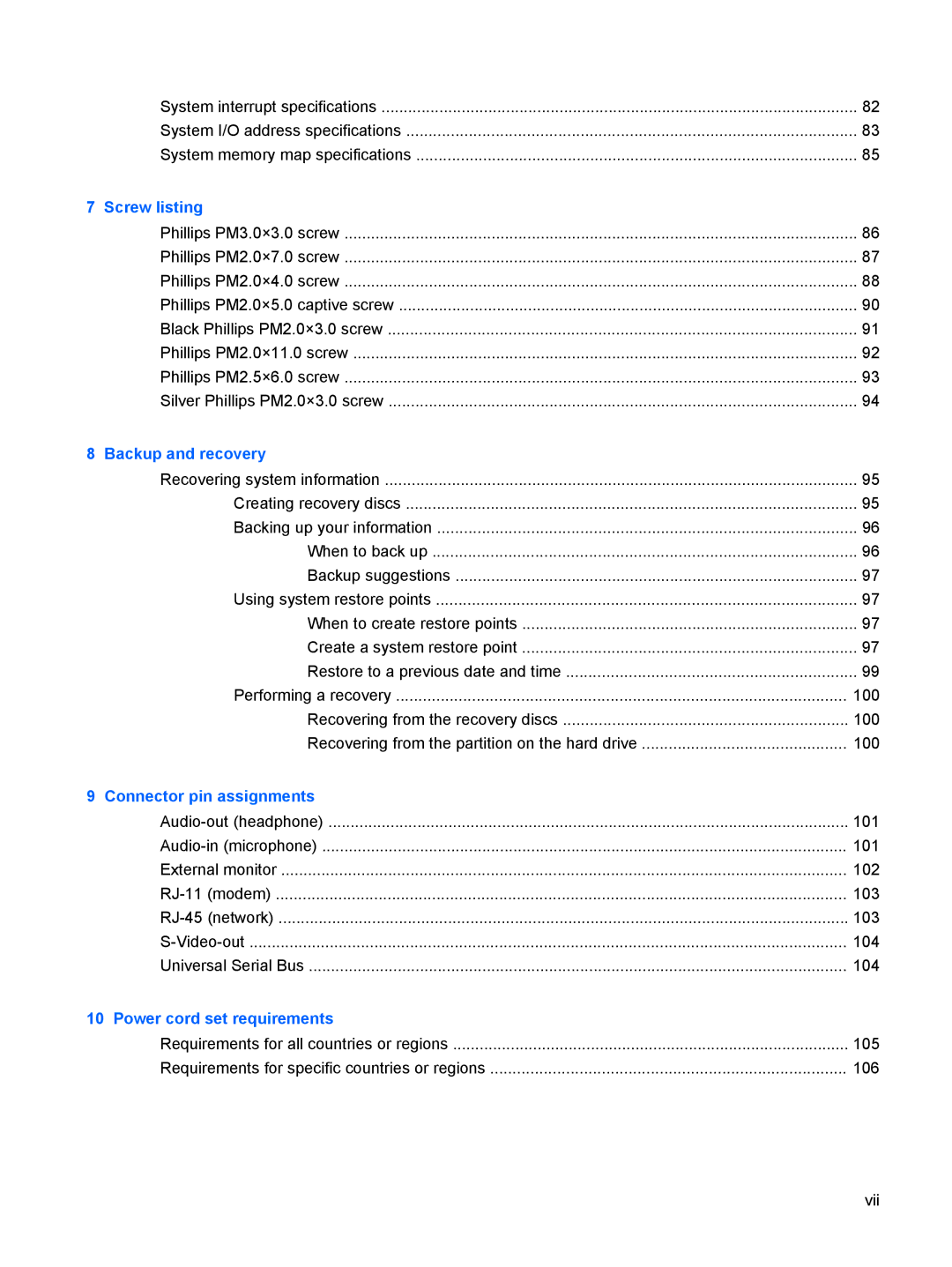 HP TX2500 manual Screw listing 