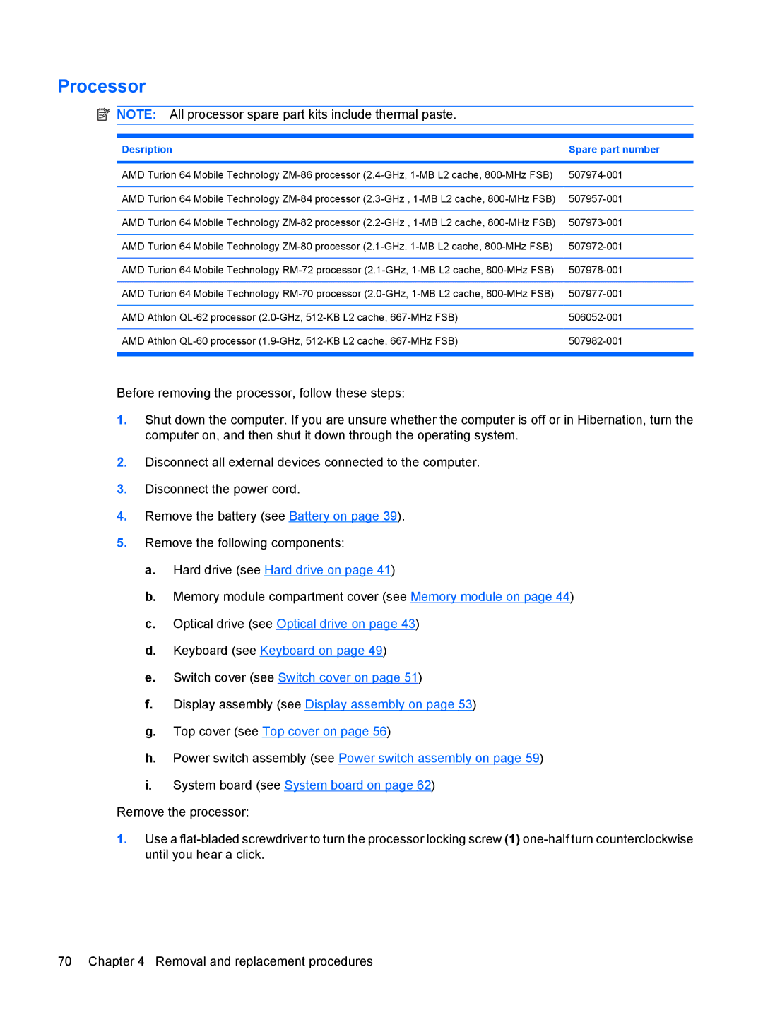 HP TX2500 manual Processor, Desription Spare part number 