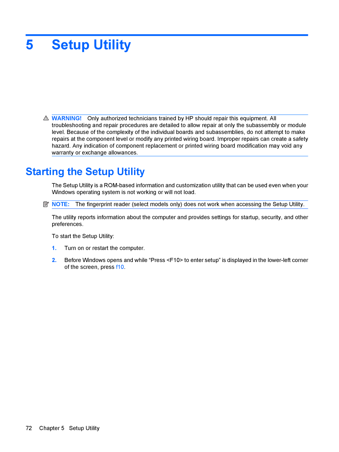 HP TX2500 manual Starting the Setup Utility 