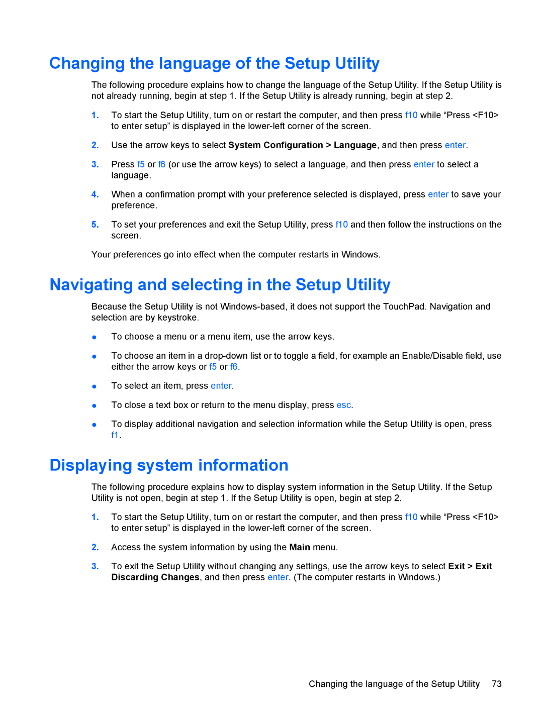 HP TX2500 manual Changing the language of the Setup Utility, Navigating and selecting in the Setup Utility 