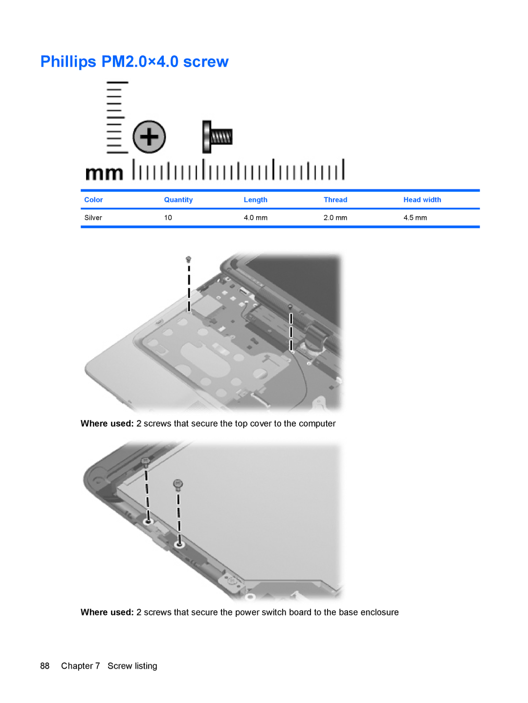 HP TX2500 manual Phillips PM2.0×4.0 screw 