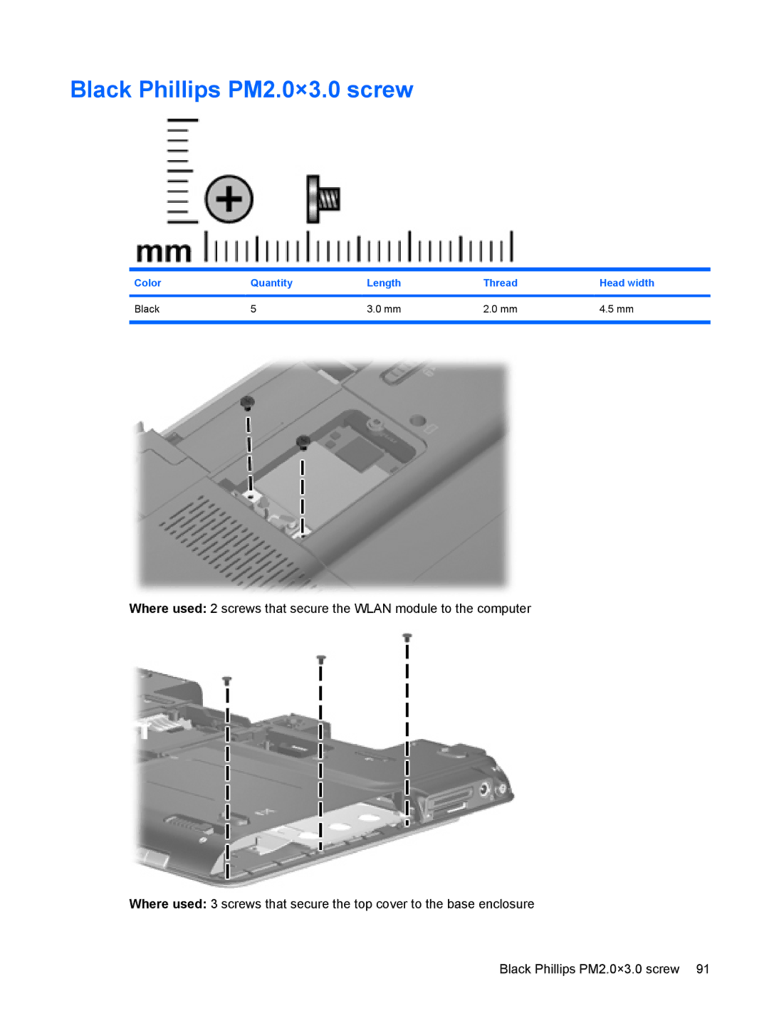 HP TX2500 manual Black Phillips PM2.0×3.0 screw 