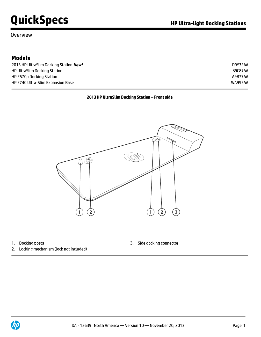 HP Ultra-Light Docking Station D9Y32AAABA manual Models, HP UltraSlim Docking Station, HP 2570p Docking Station 