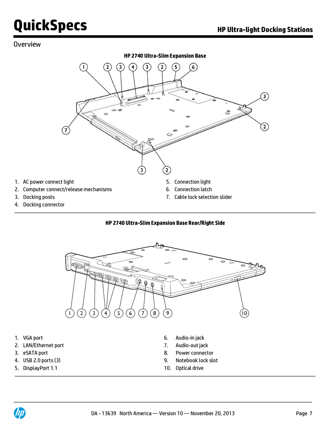 HP Ultra-Light Docking Station D9Y32AAABA manual HP 2740 Ultra-Slim Expansion Base 