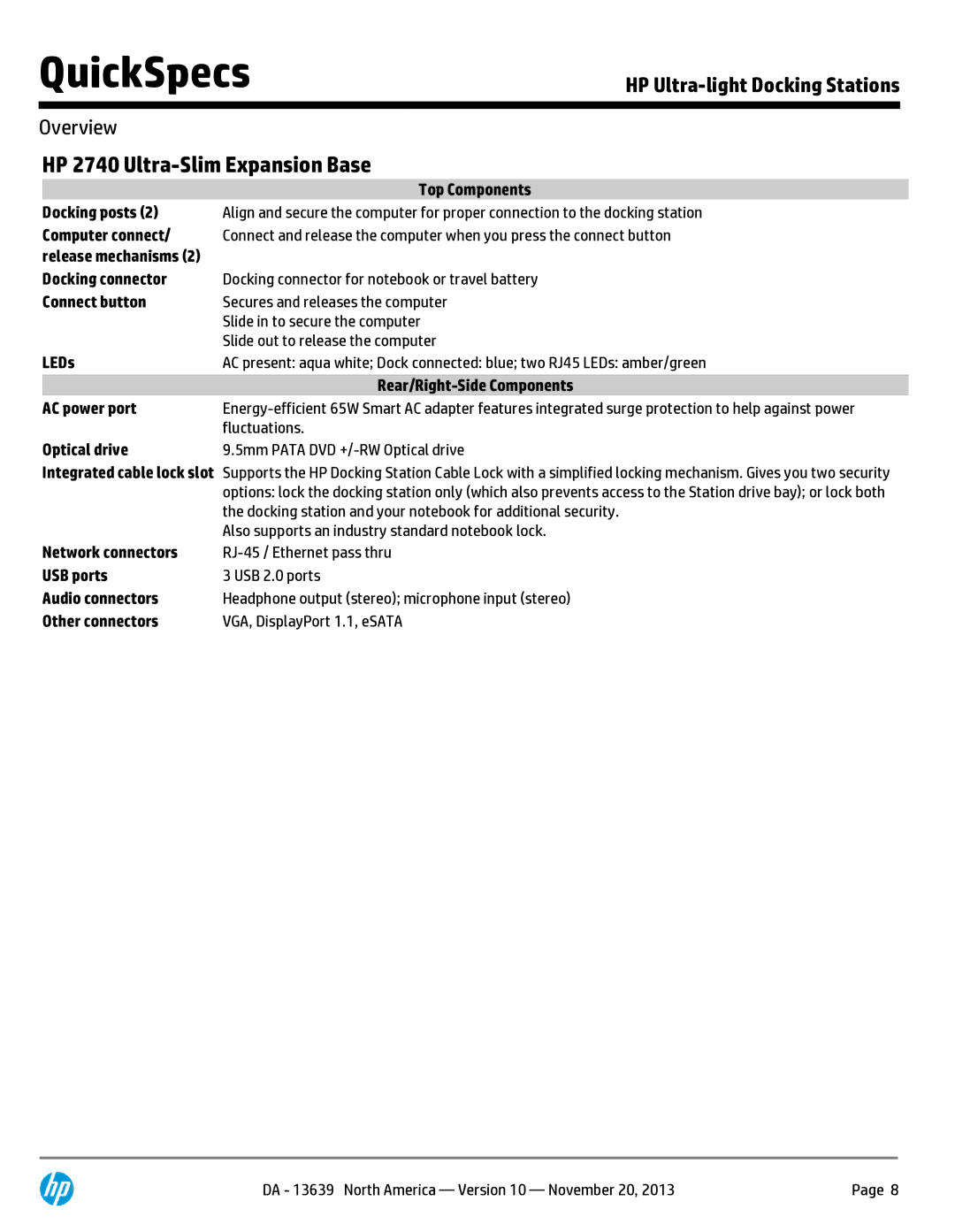 HP Ultra-Light Docking Station D9Y32AAABA manual HP 2740 Ultra-Slim Expansion Base, Top Components, Optical drive 