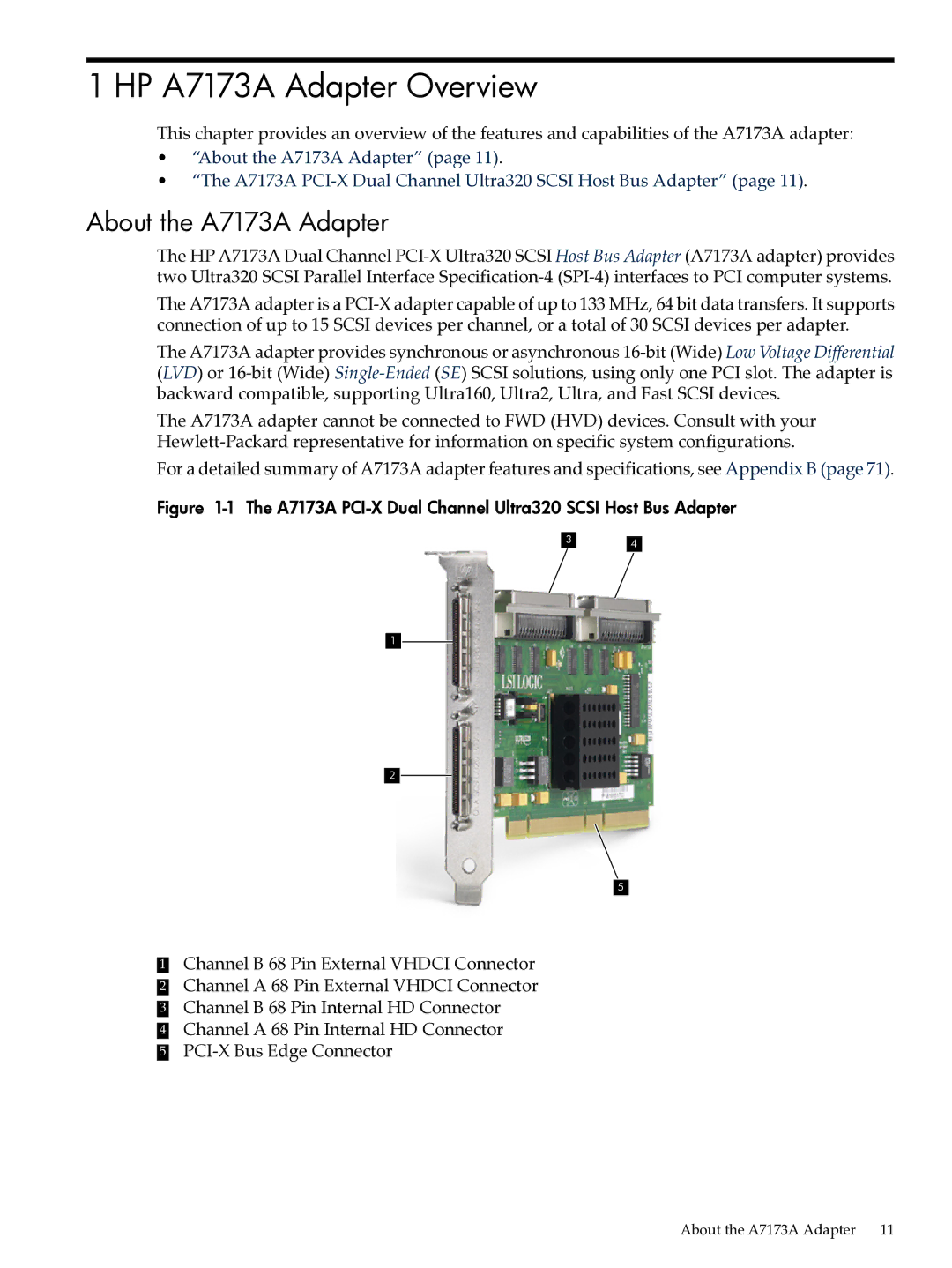 HP Ultra320 A7173A manual HP A7173A Adapter Overview, About the A7173A Adapter 