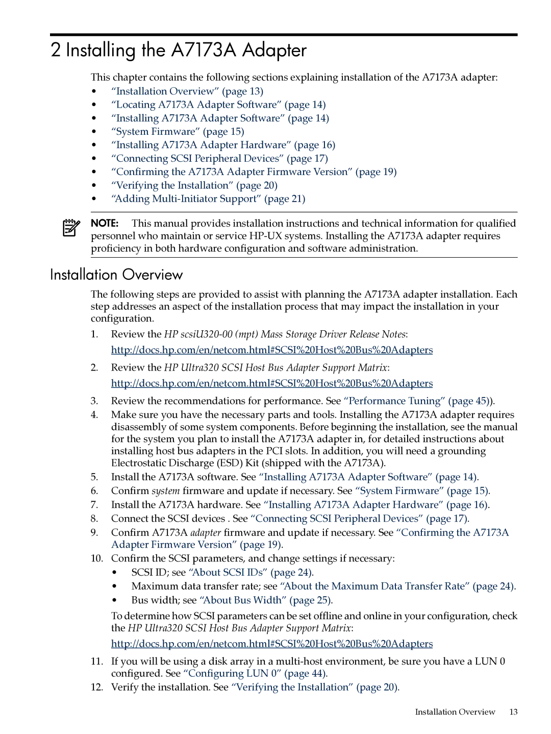 HP Ultra320 A7173A manual Installing the A7173A Adapter, Installation Overview 