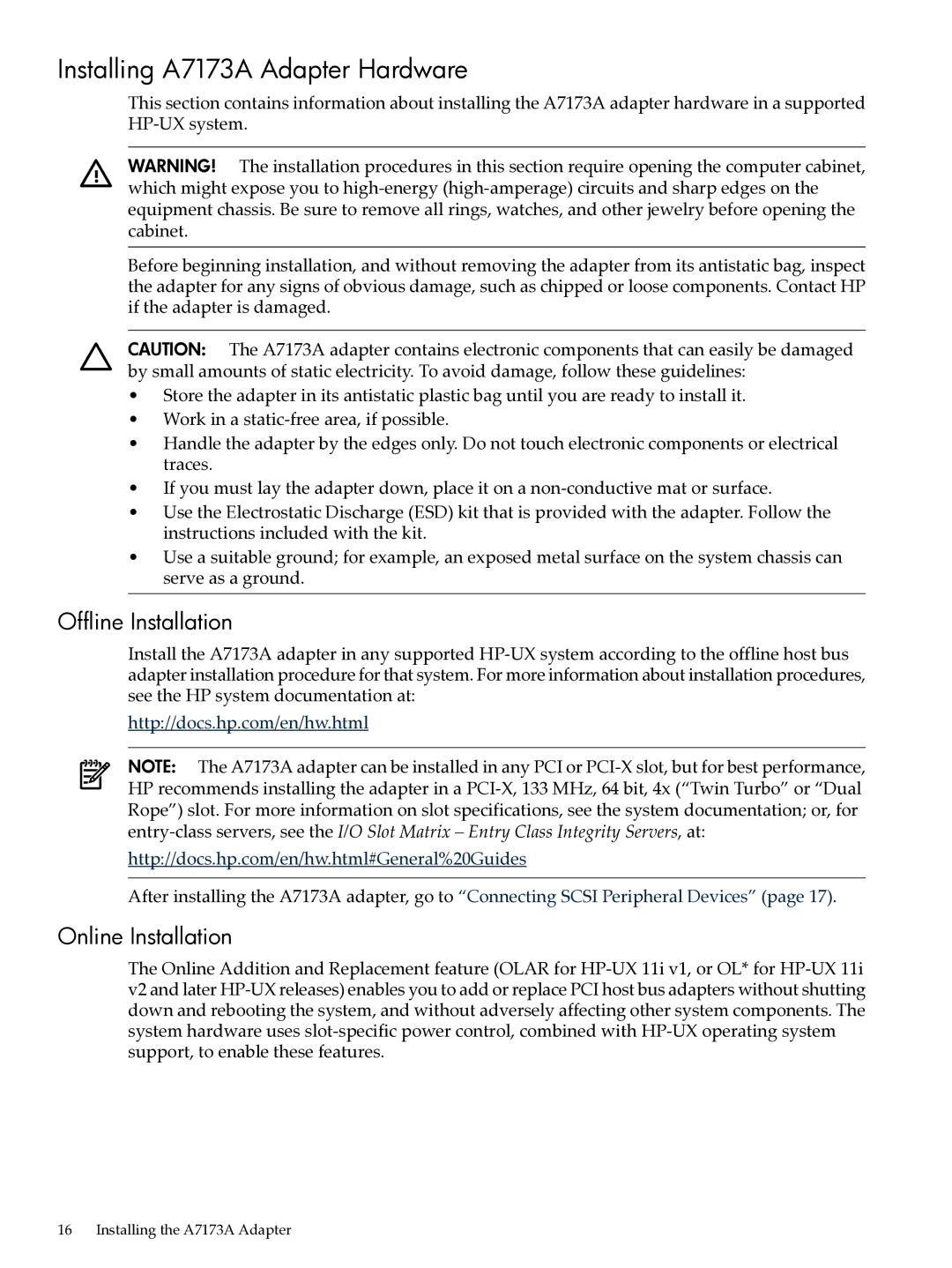 HP Ultra320 A7173A manual Installing A7173A Adapter Hardware, Offline Installation, Online Installation 