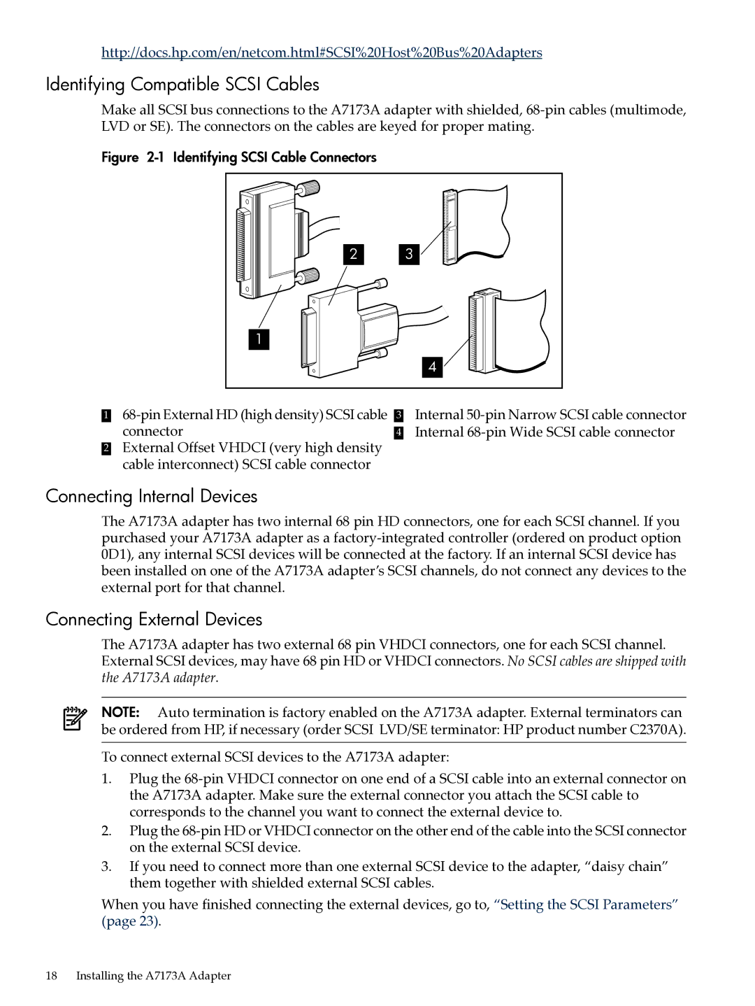 HP Ultra320 A7173A manual Identifying Compatible Scsi Cables, Connecting Internal Devices, Connecting External Devices 