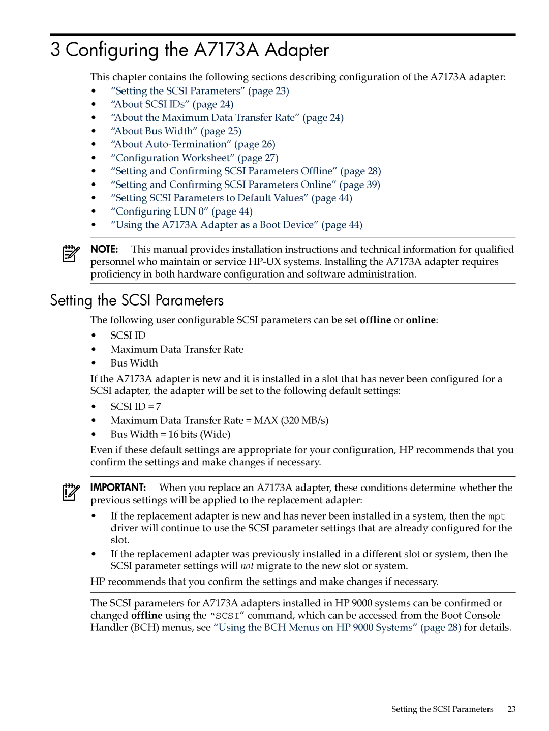 HP Ultra320 A7173A manual Configuring the A7173A Adapter, Setting the Scsi Parameters 