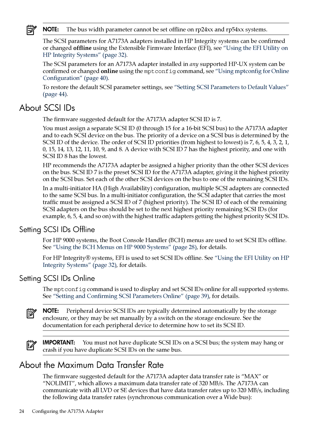 HP Ultra320 A7173A About Scsi IDs, About the Maximum Data Transfer Rate, Setting Scsi IDs Offline, Setting Scsi IDs Online 