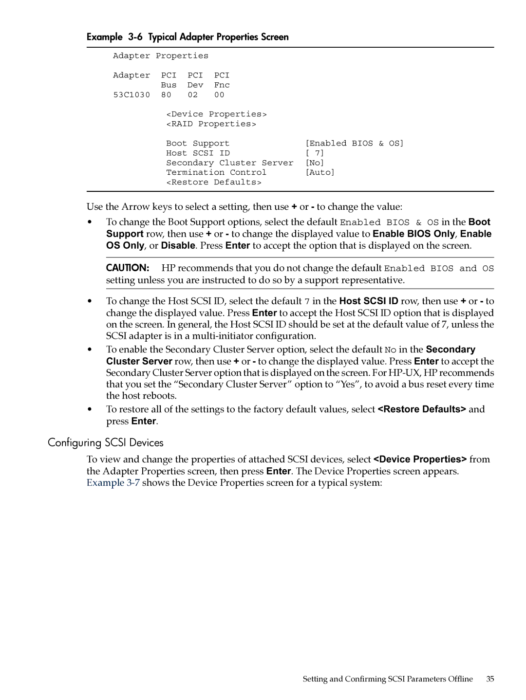 HP Ultra320 A7173A manual Configuring Scsi Devices, Example 3-6 Typical Adapter Properties Screen 