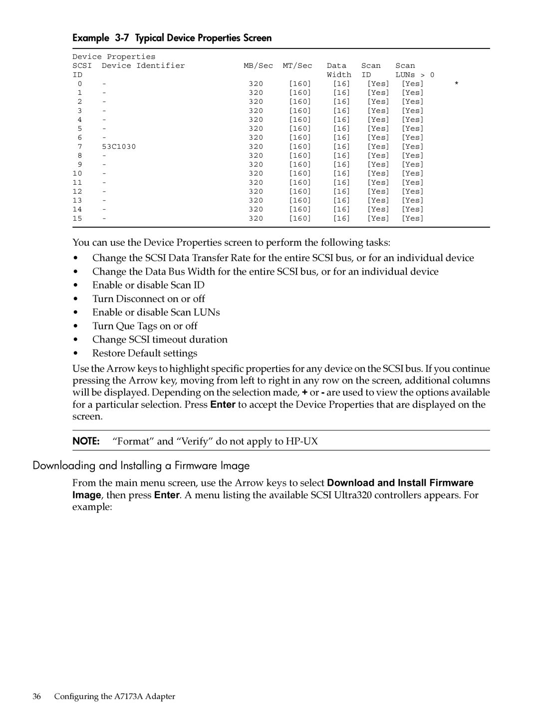 HP Ultra320 A7173A manual Downloading and Installing a Firmware Image, Example 3-7 Typical Device Properties Screen 