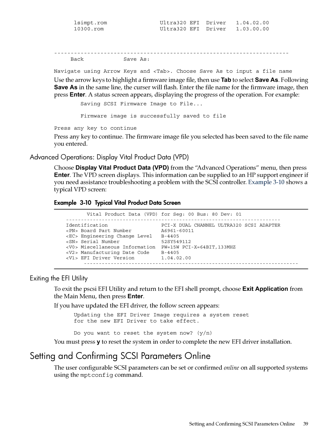 HP Ultra320 A7173A manual Setting and Confirming Scsi Parameters Online, Advanced Operations Display Vital Product Data VPD 