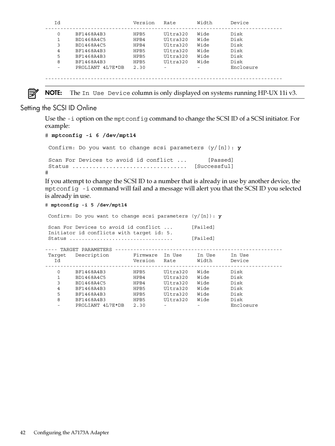 HP Ultra320 A7173A manual Setting the Scsi ID Online, # mptconfig -i 5 /dev/mpt14 