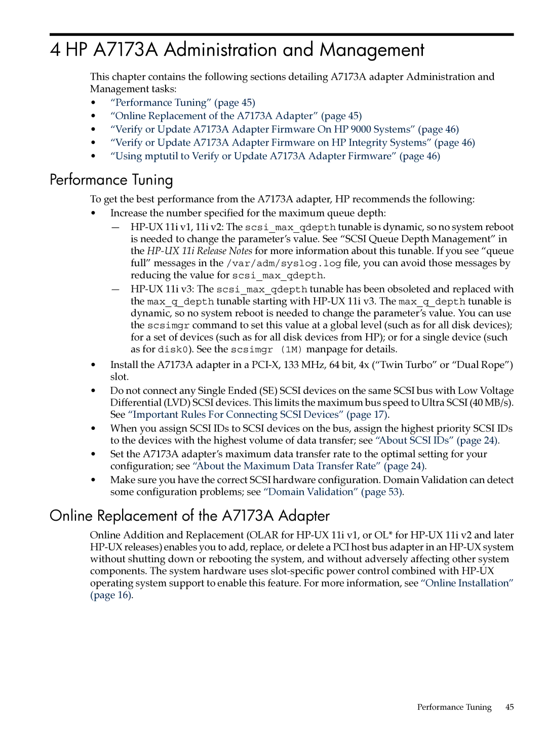 HP Ultra320 A7173A HP A7173A Administration and Management, Performance Tuning, Online Replacement of the A7173A Adapter 