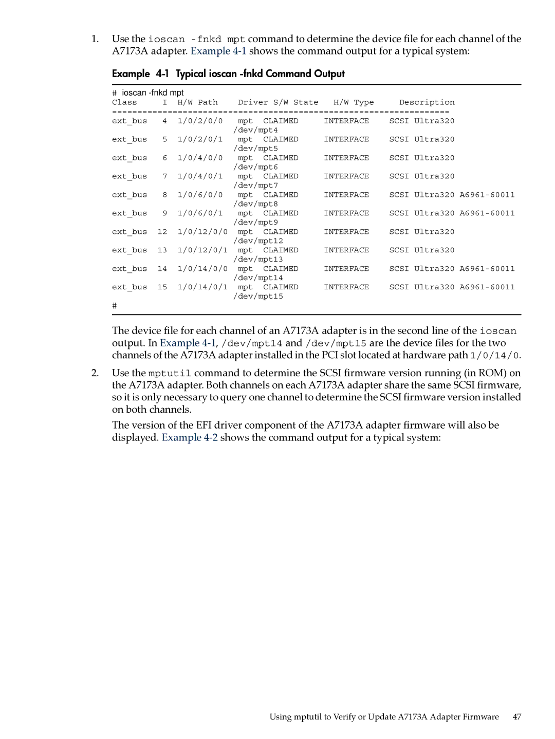 HP Ultra320 A7173A manual Example 4-1 Typical ioscan -fnkd Command Output, # ioscan -fnkd mpt 