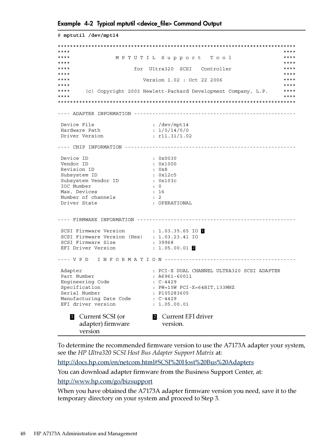 HP Ultra320 A7173A manual Example 4-2 Typical mptutil devicefile Command Output, # mptutil /dev/mpt14 