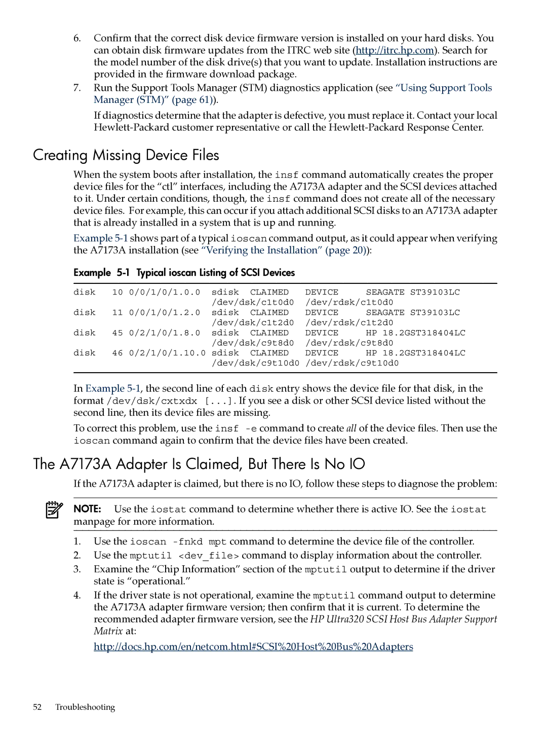 HP Ultra320 A7173A manual Creating Missing Device Files, A7173A Adapter Is Claimed, But There Is No IO 