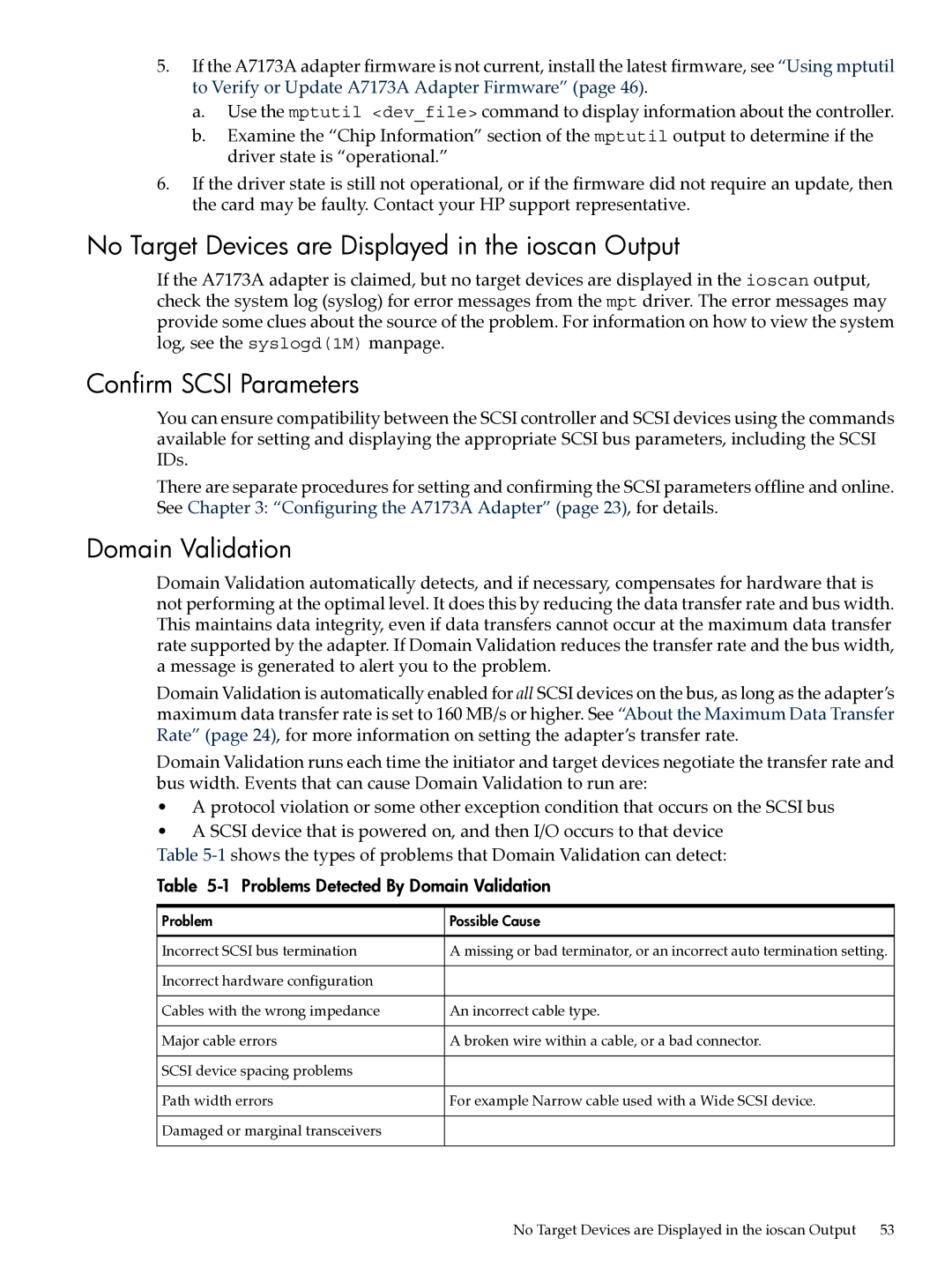 HP Ultra320 A7173A manual No Target Devices are Displayed in the ioscan Output, Confirm Scsi Parameters, Domain Validation 