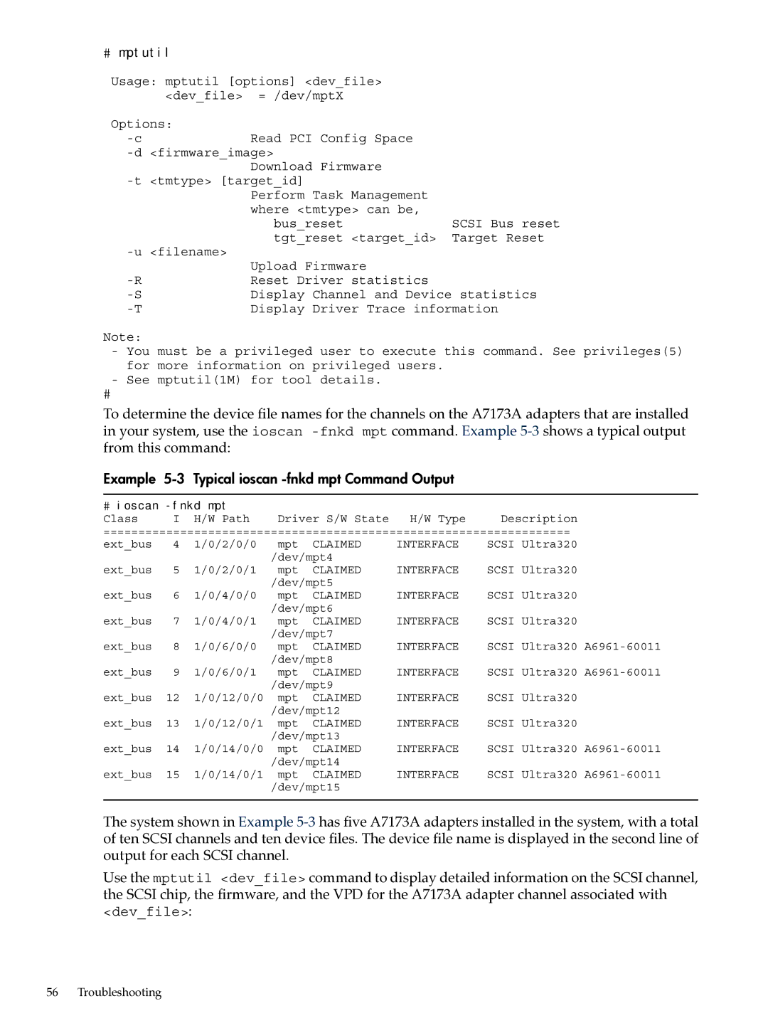 HP Ultra320 A7173A manual Example 5-3 Typical ioscan -fnkd mpt Command Output, # mptutil 