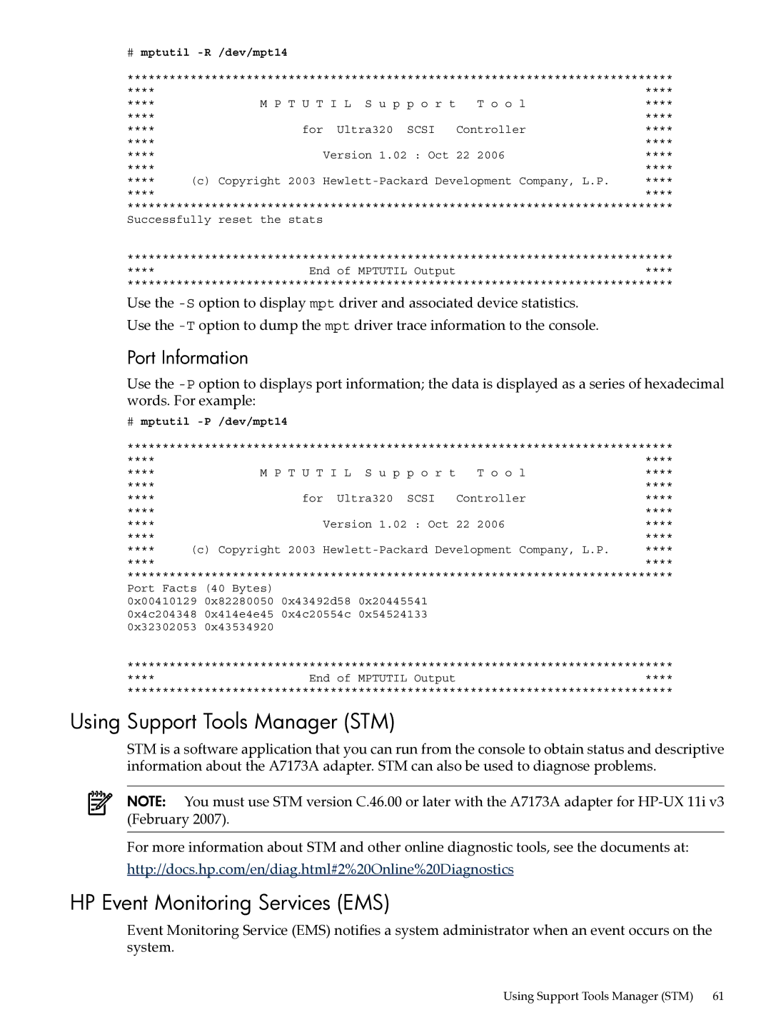 HP Ultra320 A7173A manual Using Support Tools Manager STM, HP Event Monitoring Services EMS, Port Information 