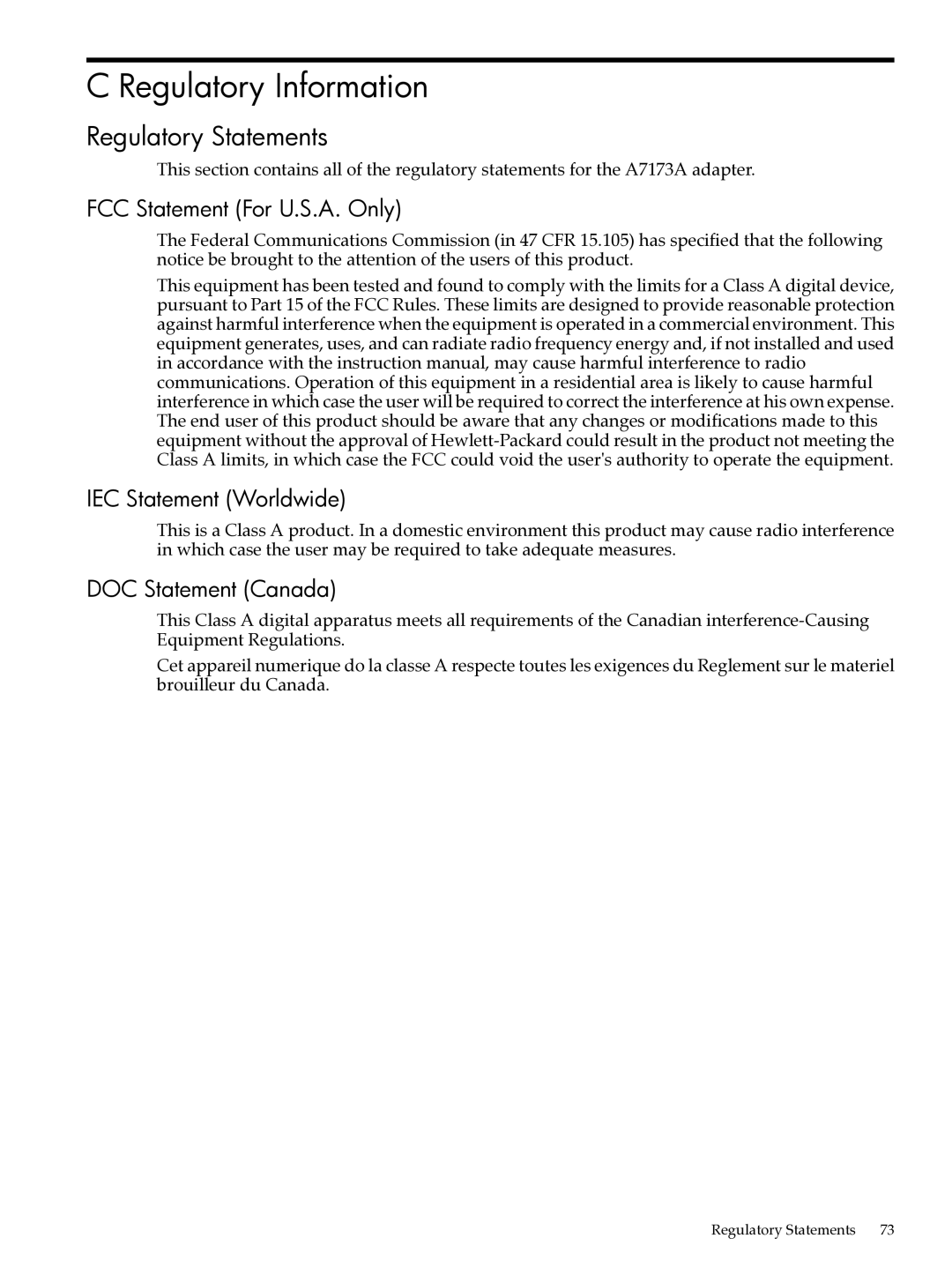 HP Ultra320 A7173A Regulatory Information, Regulatory Statements, FCC Statement For U.S.A. Only, IEC Statement Worldwide 