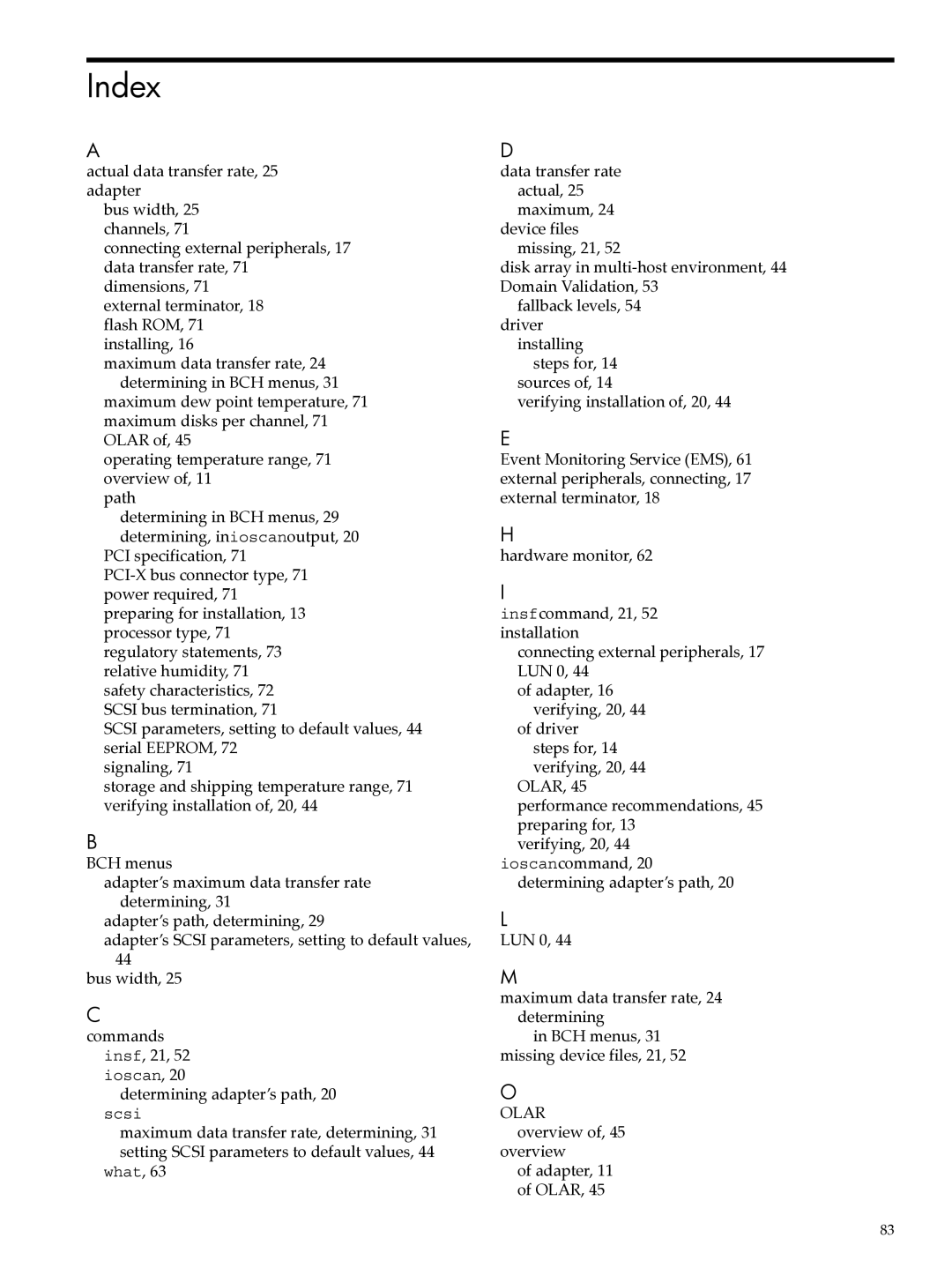 HP Ultra320 A7173A manual Index, Determining adapter’s path 