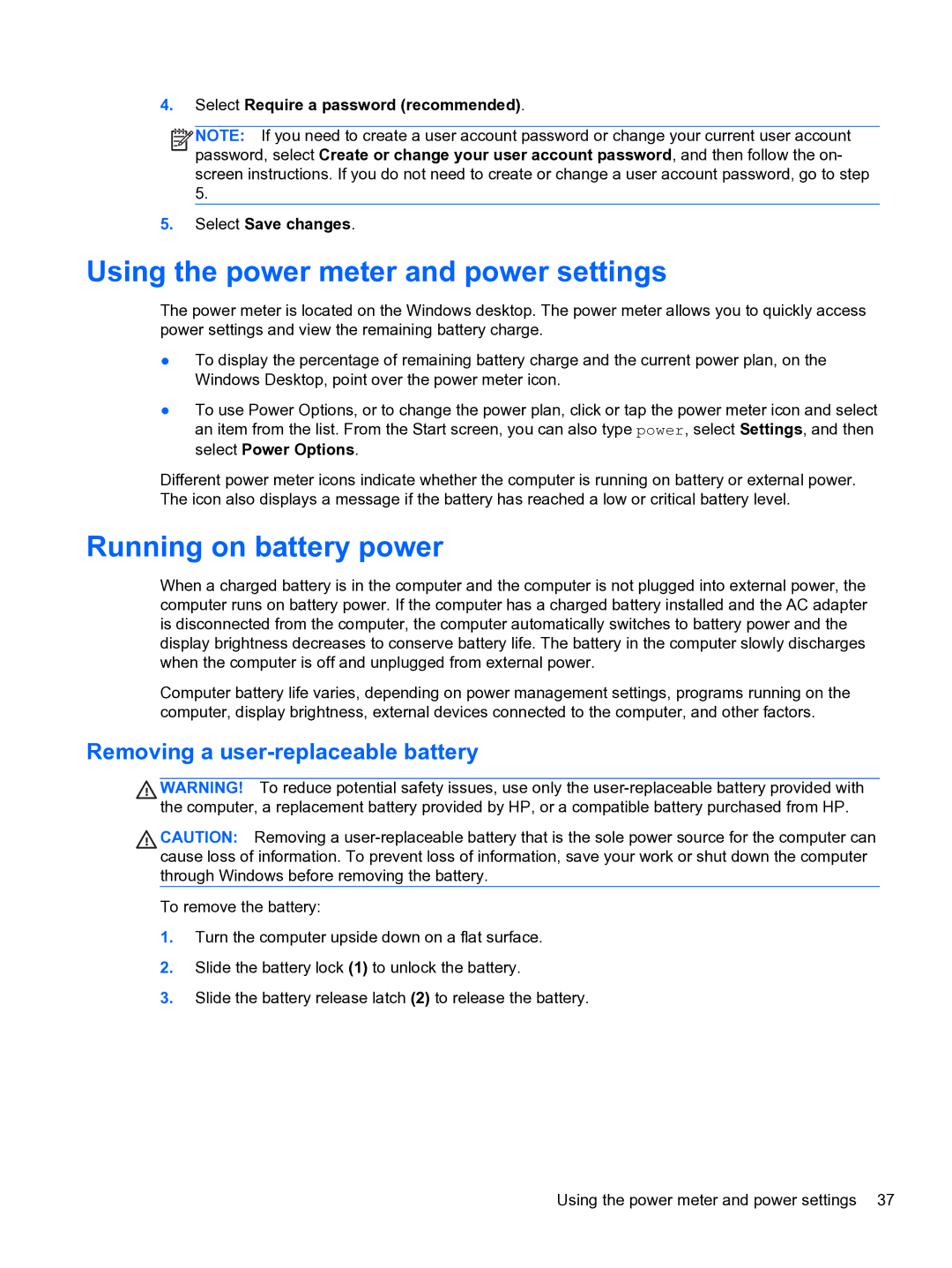 HP Ultrabook D7H13UA#ABA manual Using the power meter and power settings, Running on battery power 