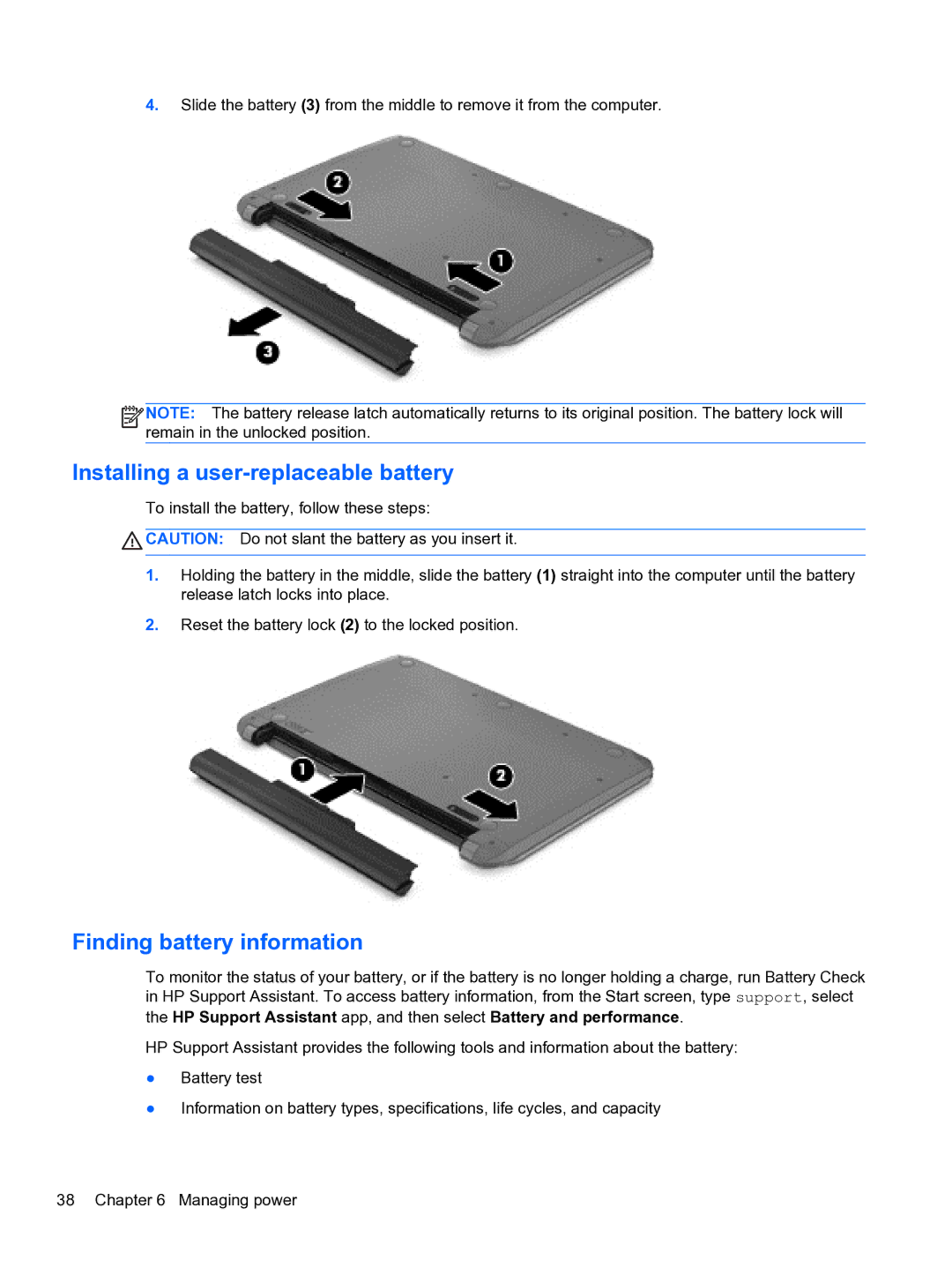 HP Ultrabook D7H13UA#ABA manual Installing a user-replaceable battery, Finding battery information 