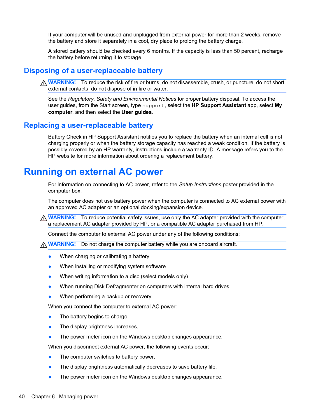 HP Ultrabook D7H13UA#ABA manual Running on external AC power, Disposing of a user-replaceable battery 