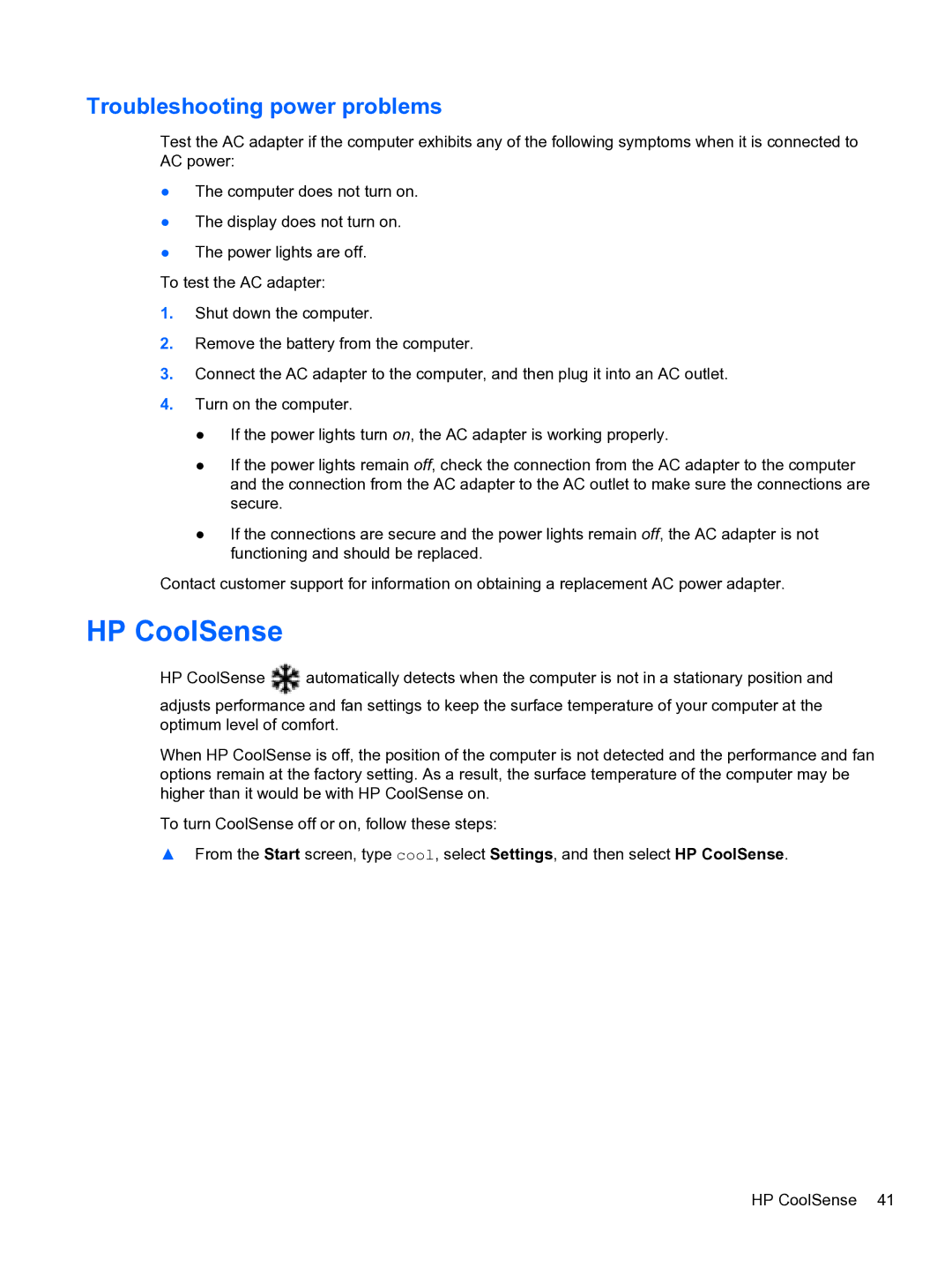 HP Ultrabook D7H13UA#ABA manual HP CoolSense, Troubleshooting power problems 