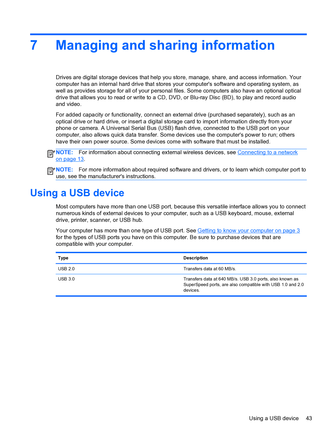 HP Ultrabook D7H13UA#ABA manual Managing and sharing information, Using a USB device, Type Description 