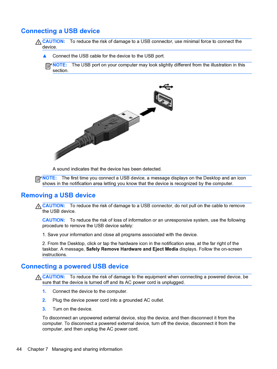 HP Ultrabook D7H13UA#ABA manual Connecting a USB device, Removing a USB device, Connecting a powered USB device 