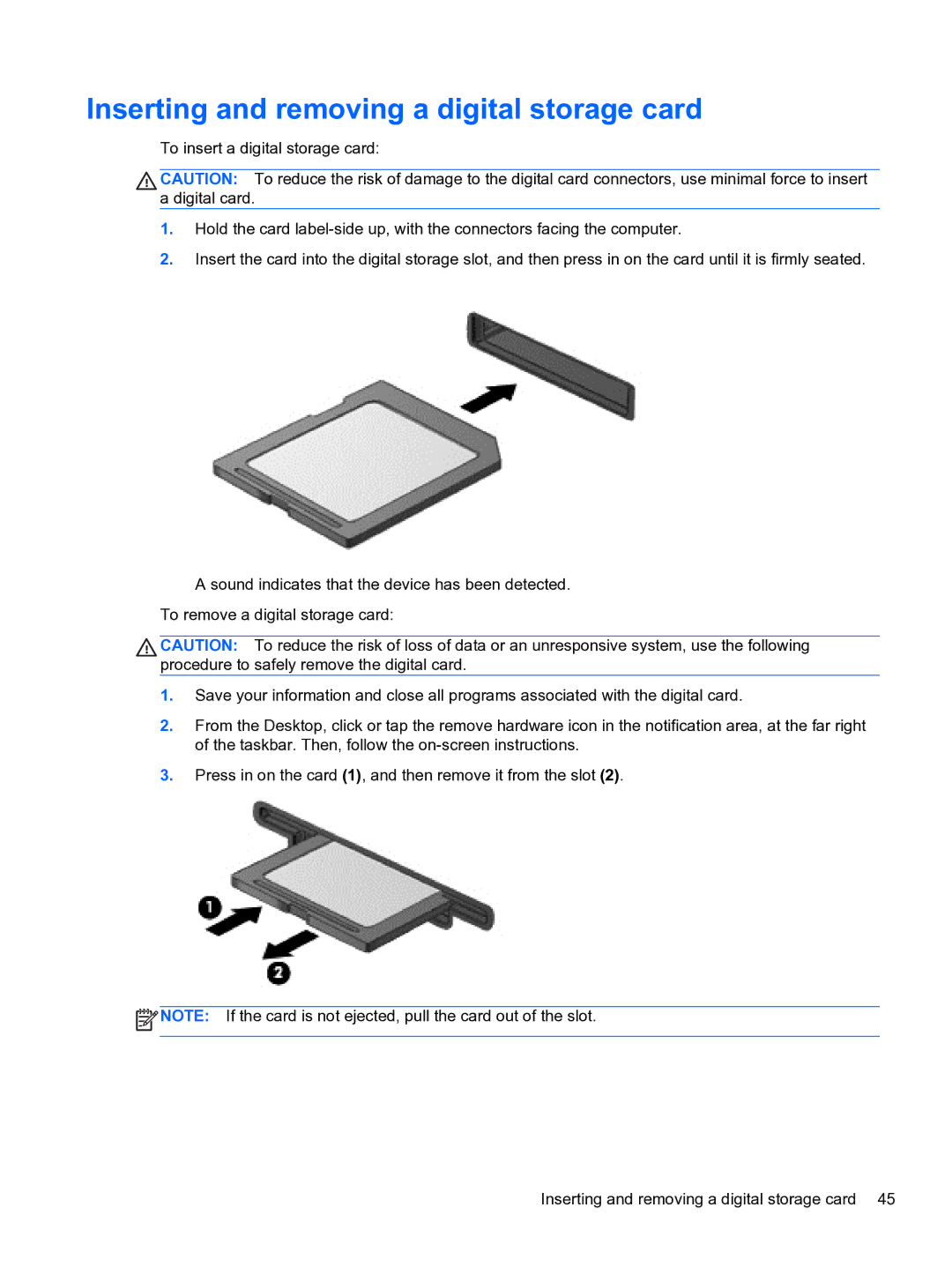 HP Ultrabook D7H13UA#ABA manual Inserting and removing a digital storage card 