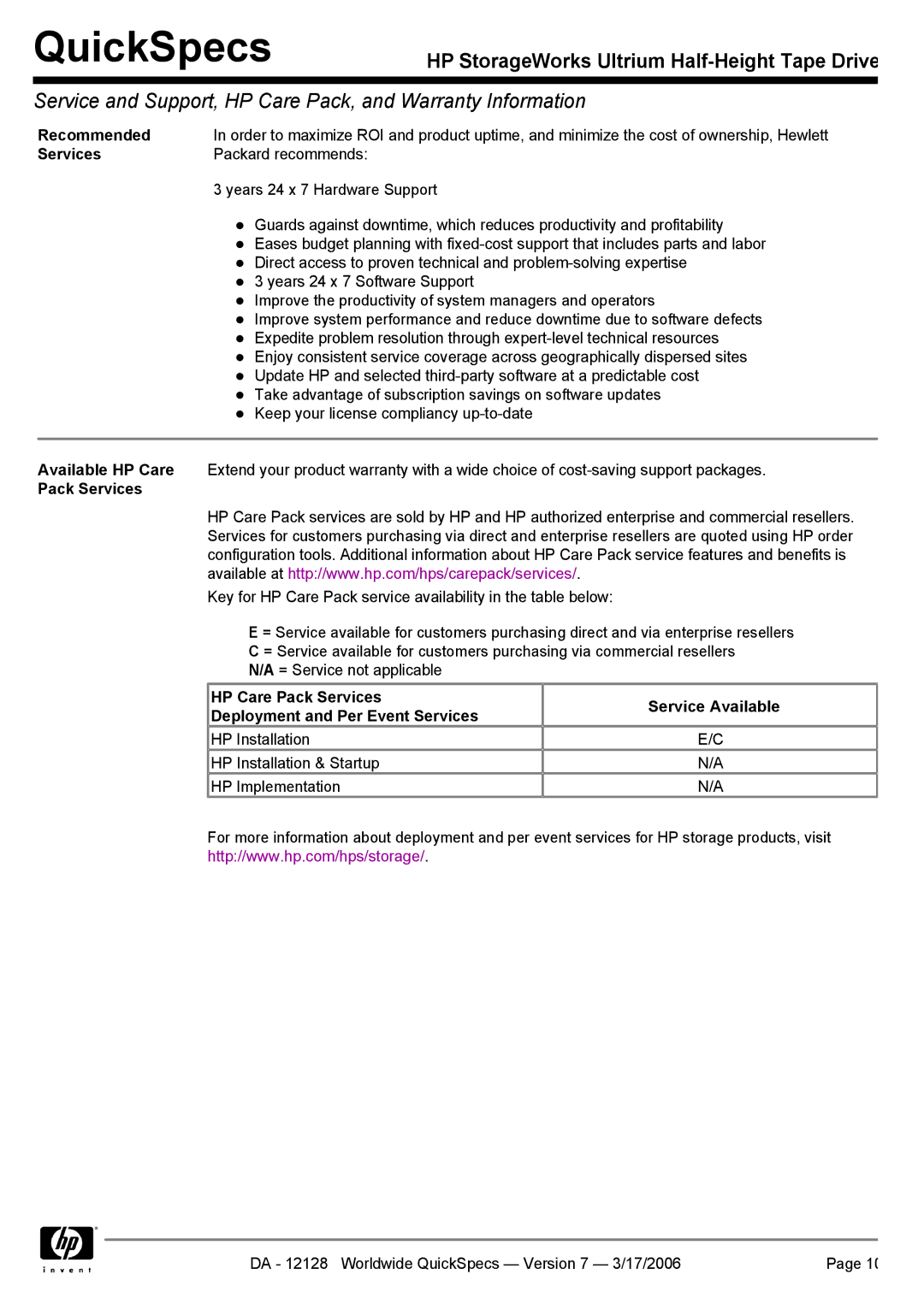 HP Ultrium 215 manual Recommended, Pack Services 