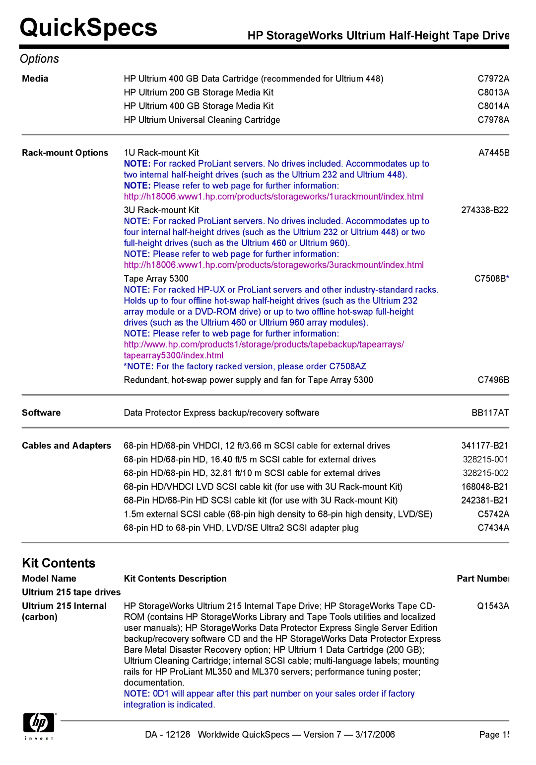 HP Ultrium 215 manual Kit Contents 