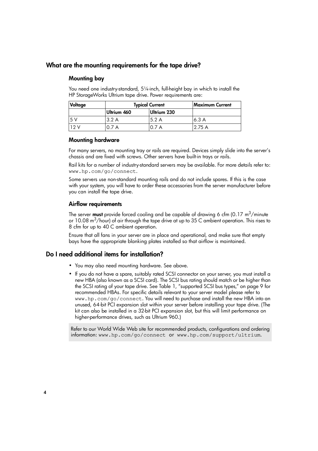 HP Ultrium tape drive 960i manual What are the mounting requirements for the tape drive?, Mounting bay, Mounting hardware 