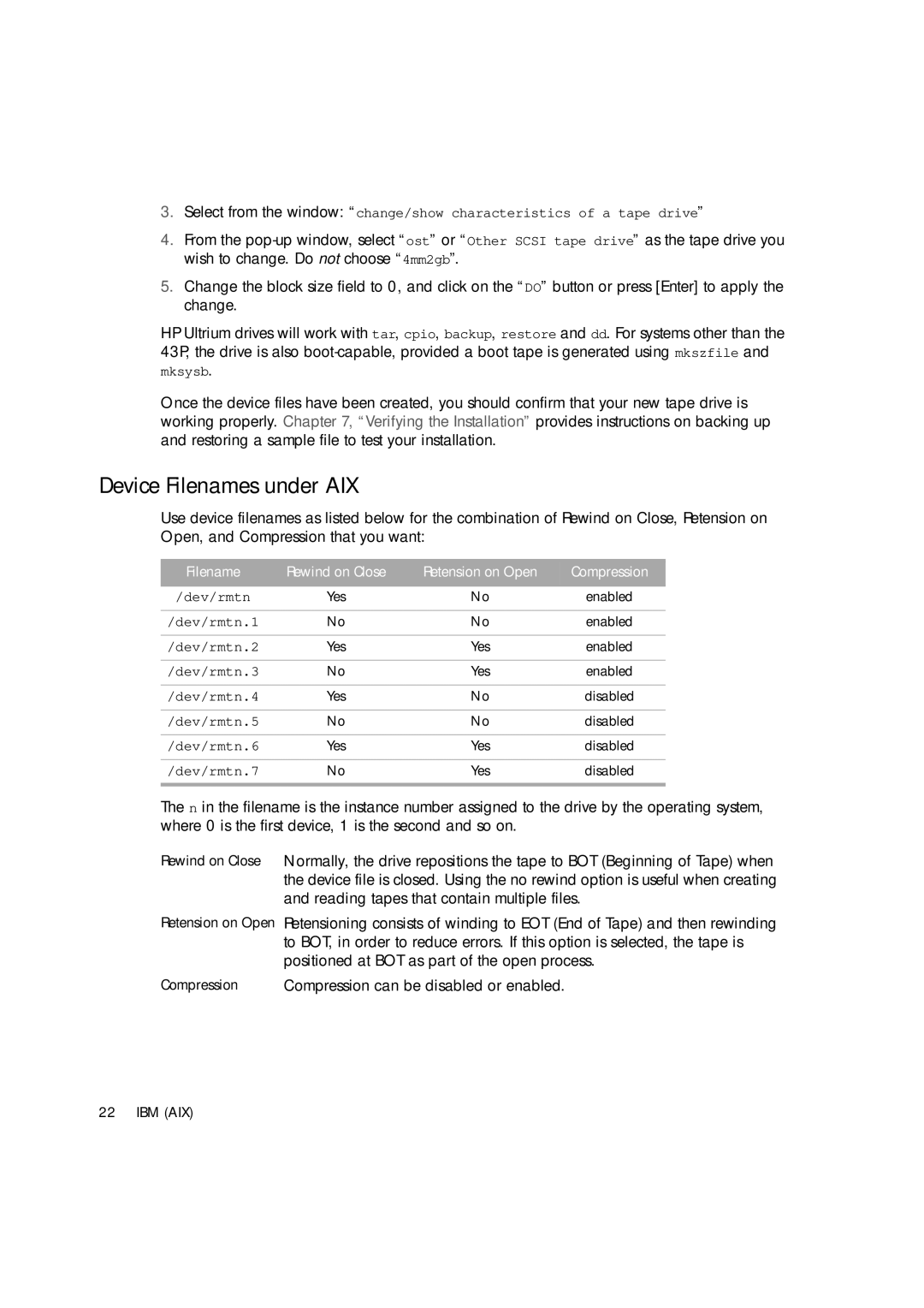 HP Ultrium Tape Drive manual Device Filenames under AIX 