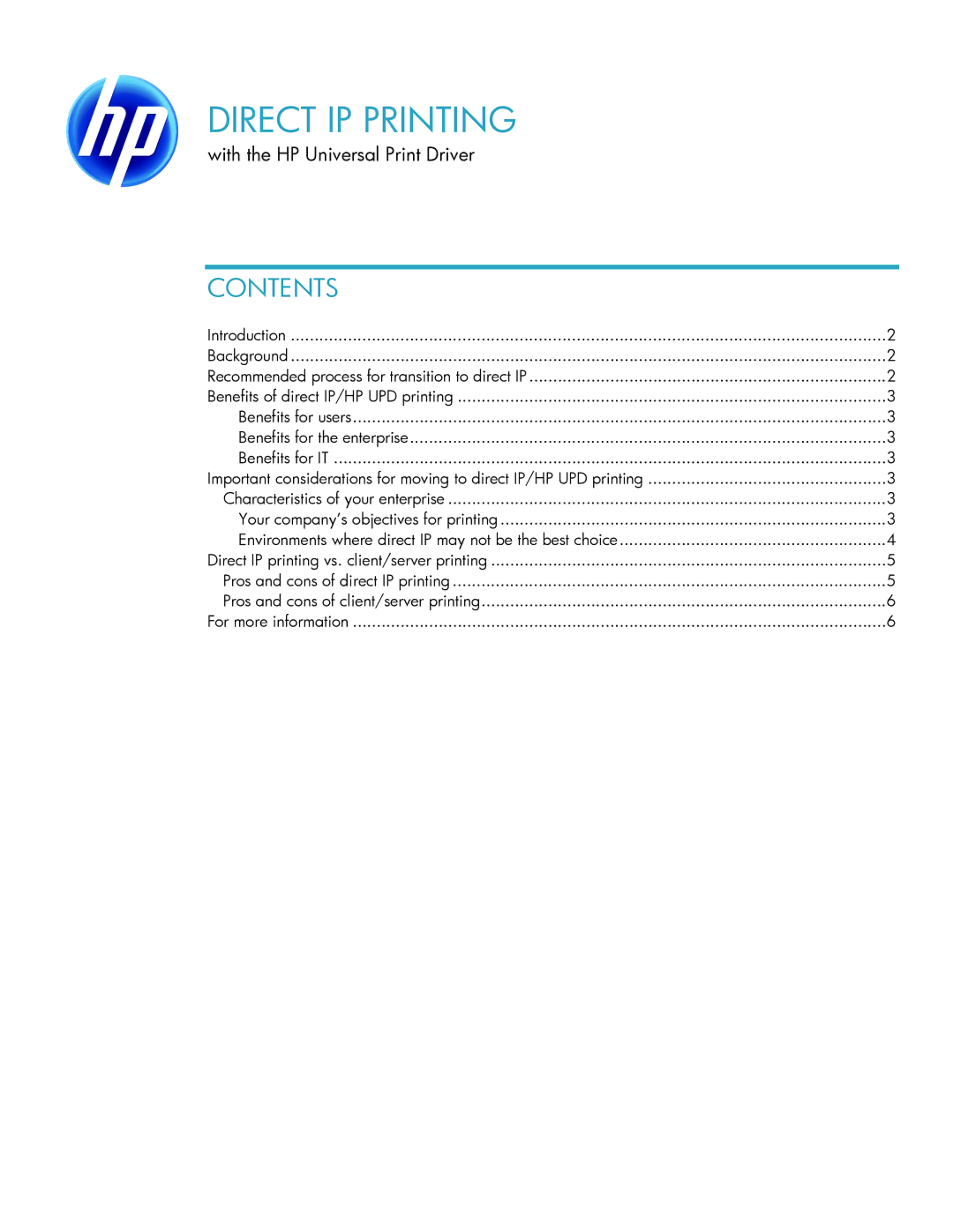 HP Universal Print Driver for Windows manual Direct IP Printing, Contents 