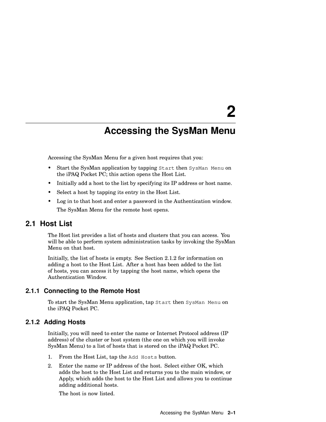 HP UNIX AA-XXXXX-TF manual Accessing the SysMan Menu, Host List, Connecting to the Remote Host, Adding Hosts 