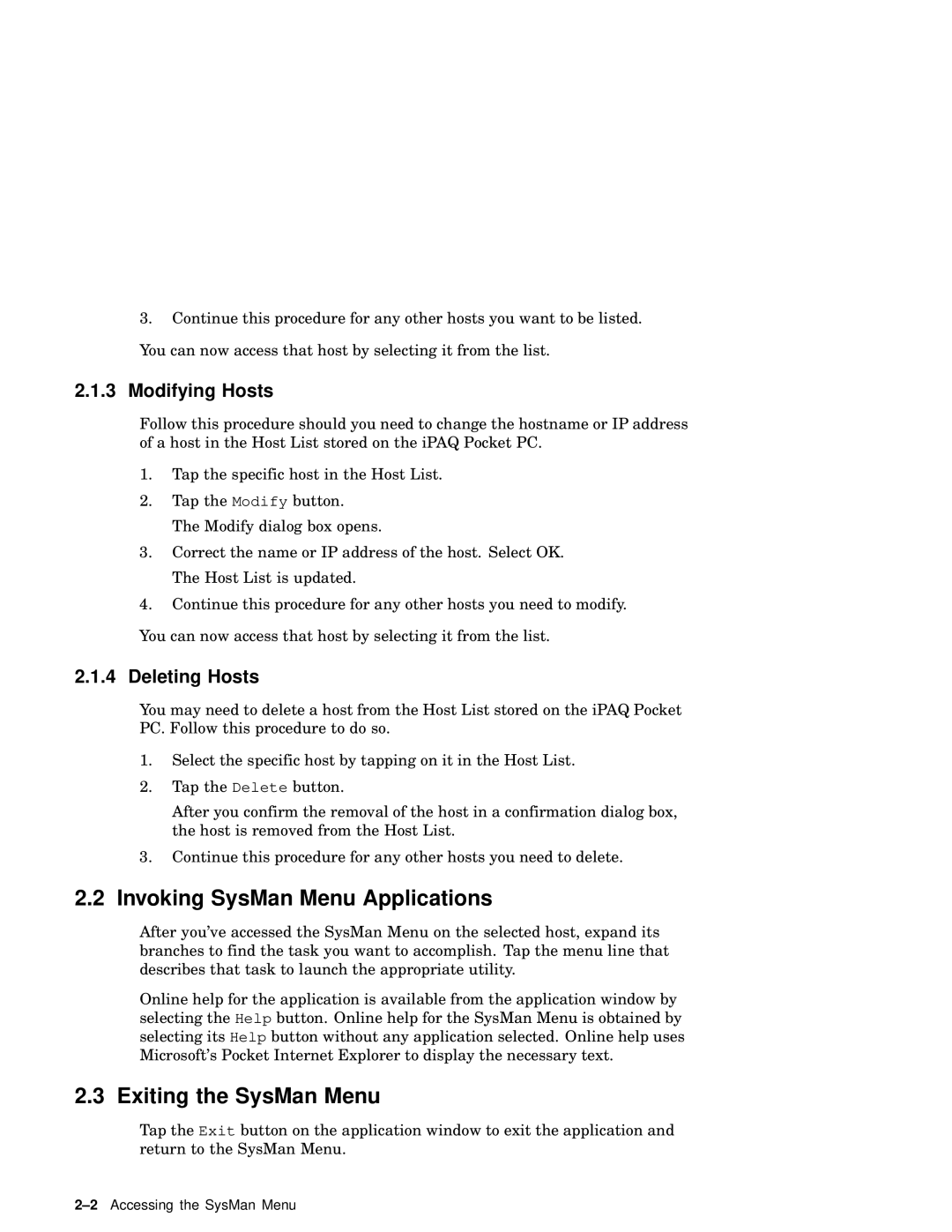 HP UNIX AA-XXXXX-TF manual Invoking SysMan Menu Applications, Exiting the SysMan Menu, Modifying Hosts, Deleting Hosts 