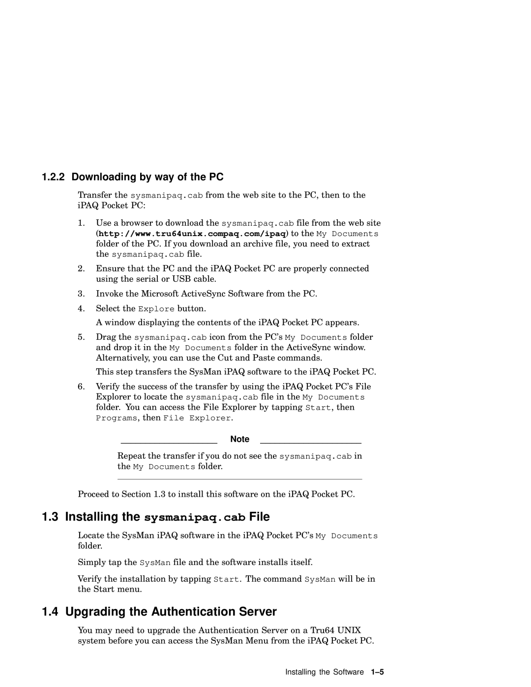 HP UNIX AA-XXXXX-TF Installing the sysmanipaq.cab File, Upgrading the Authentication Server, Downloading by way of the PC 