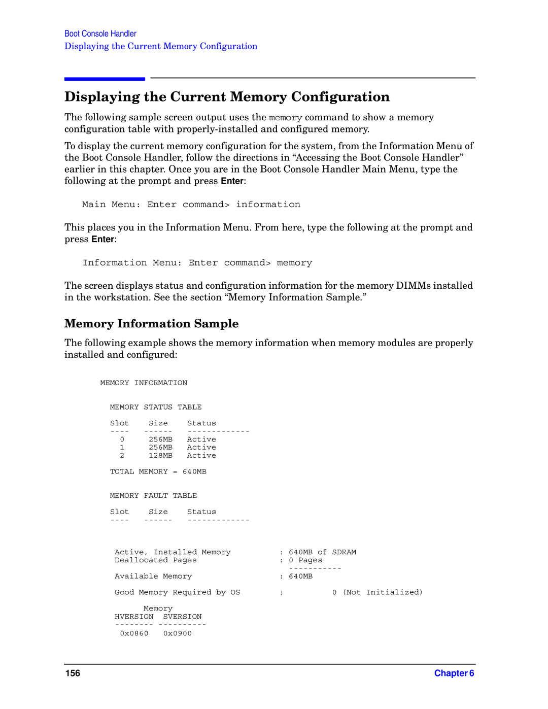 HP unix manual Displaying the Current Memory Configuration, Memory Information Sample 