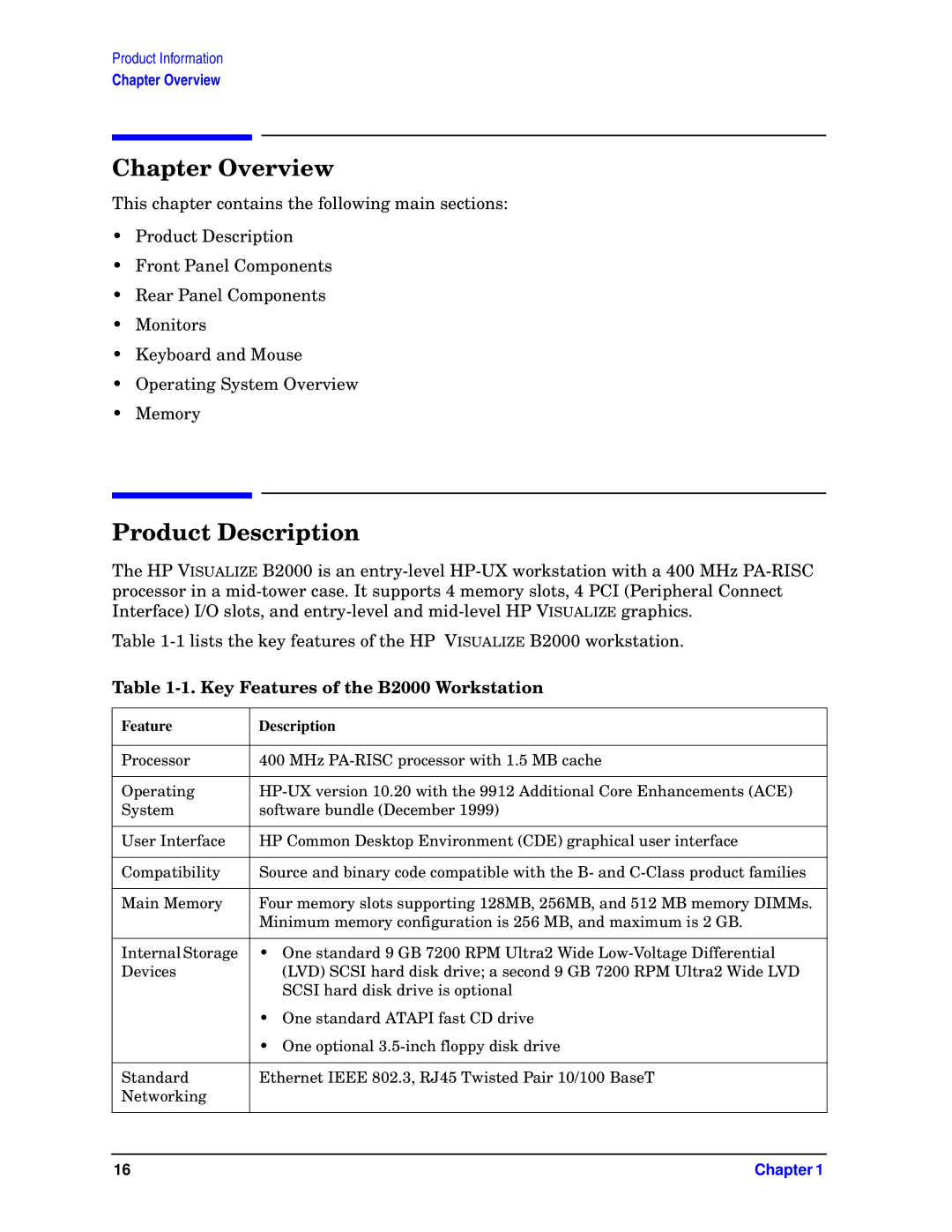 HP unix manual Chapter Overview, Product Description, Key Features of the B2000 Workstation, Feature Description 